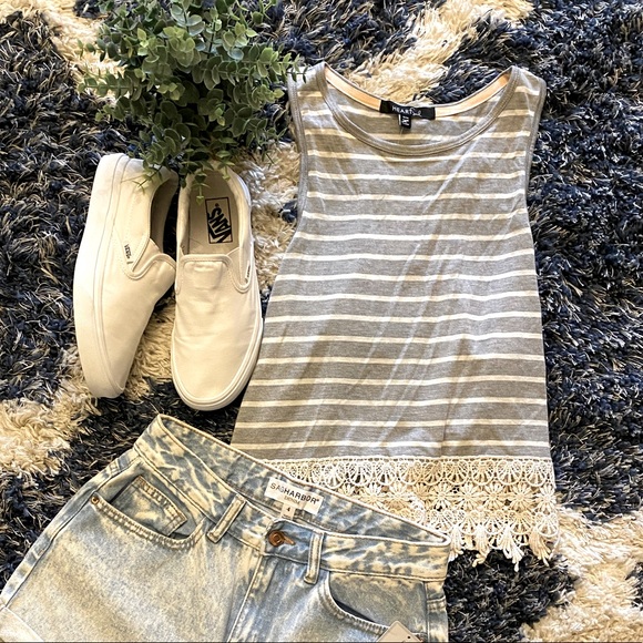 Gray and white Sleeveless Tank top by HEART Soul Gray Stripe Lace-Trim Tank - Picture 4 of 4